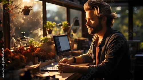 Graphiste designer dans l'action du travail avec un crayon et un ordinateur, la personne est un homme seul dans son bureau. photo