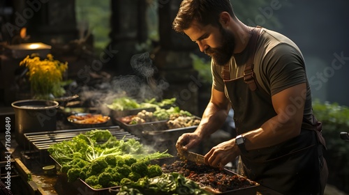 Chef cuisinier entrain de faire à manger sur un plan de travail, fruits et légumes frais, restaurateur en action devant son potager