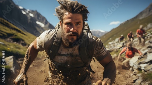 Homme qui court un. marathon dans la nature, en action de courir avec de la boue sur le corps, au milieu des montagnes