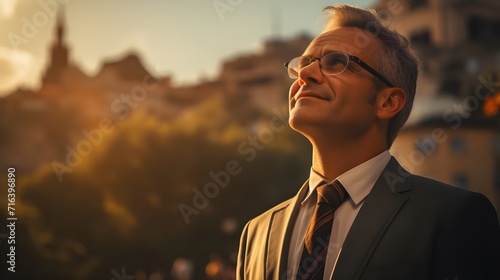 Homme avocat seul au milieu de la nature content de son accomplissement personnelle et professionnelle