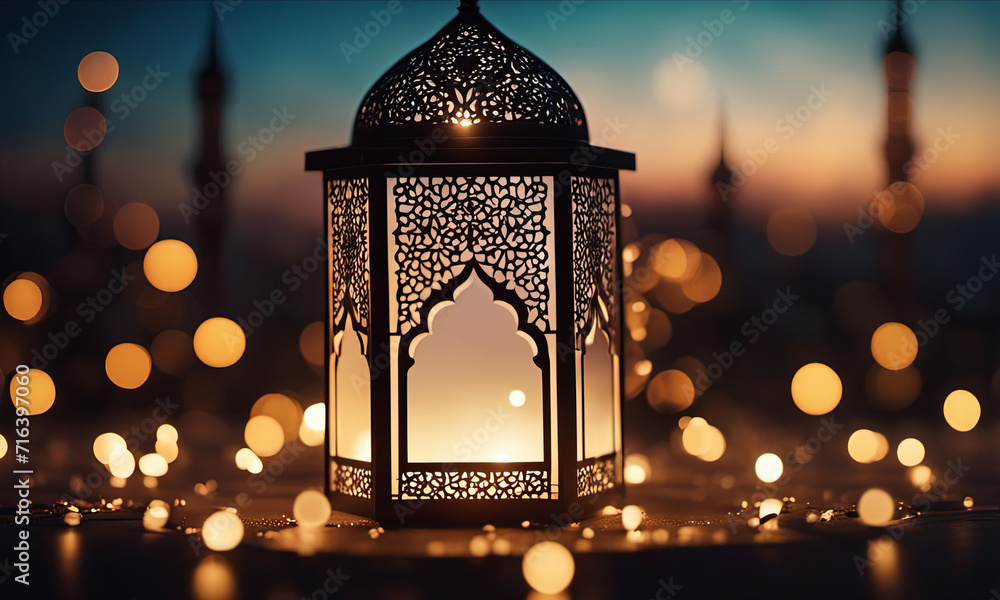Festive Ramadan decoration with lantern and bokeh lights