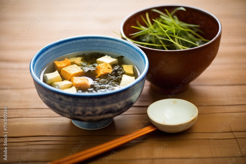 bowl of miso soup with tofu cubes and seaweed bowl of miso soup with tofu cubes and seaweed