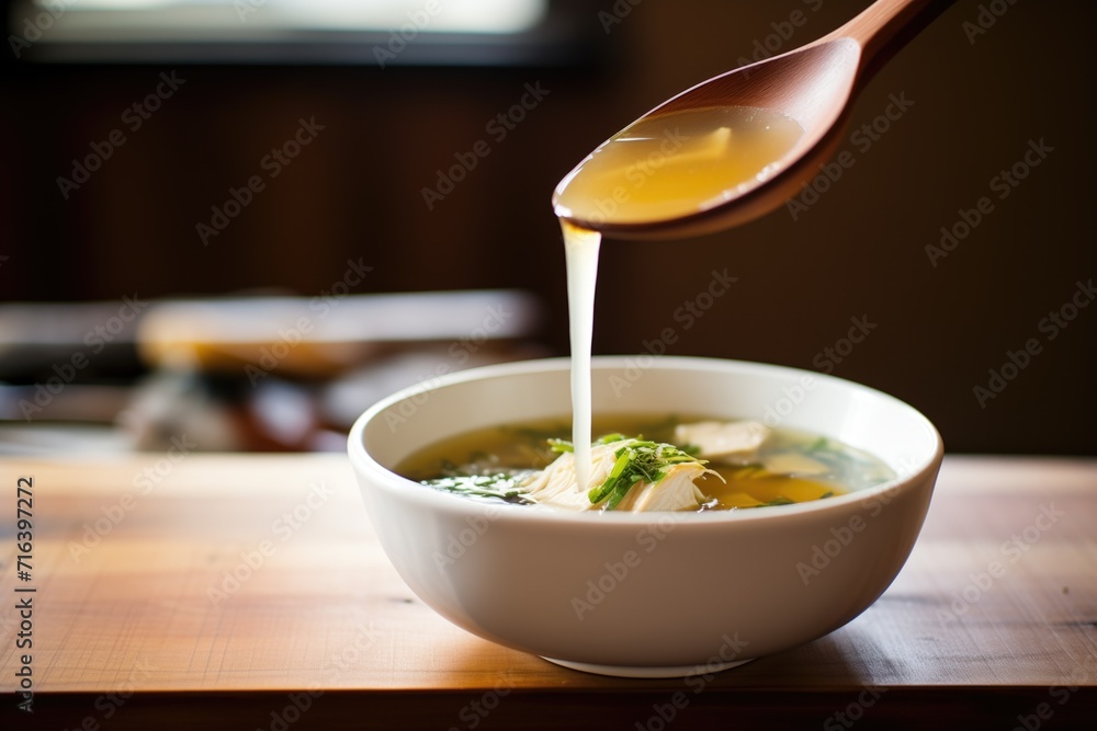 miso broth pouring into bowl from ladle, tofu visible miso broth pouring into bowl from ladle, tofu visible
