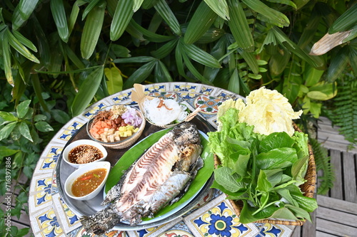 Grilled fish with Thai spicies salad , in Thai cal 