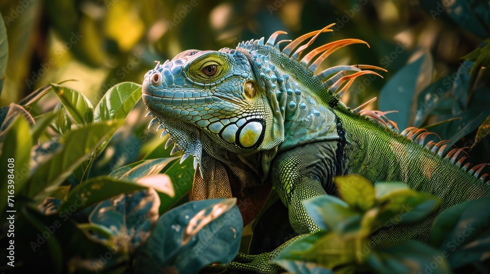 Obraz premium Iguana amidst lush foliage or vegetation, reptile in green forest