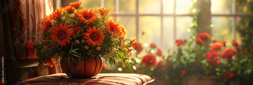 Bouquet Beautiful Flowers Pumpkin On Chair, Banner Image For Website, Background, Desktop Wallpaper