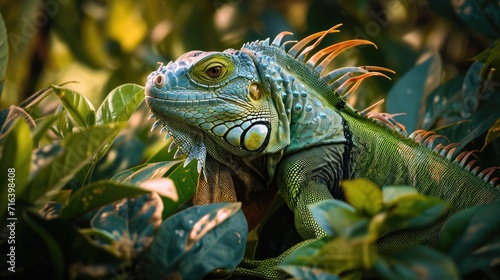 Iguana amidst lush foliage or vegetation  reptile in green forest