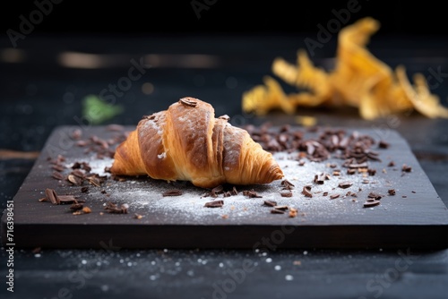 chocolate croissant on a slate board with cocoa dust