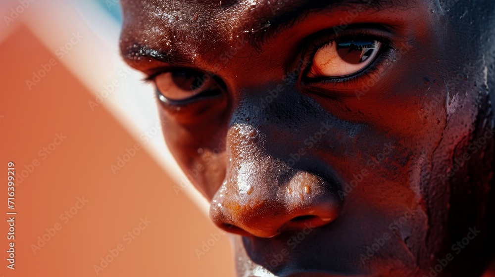 A close-up of a sprinter's face at the finish line, capturing the moment of triumph and relief A close-up of a sprinter's face at the finish line, capturing the moment of triumph and relief