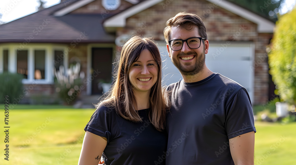 Couple posing smiling in the front yard of their new home