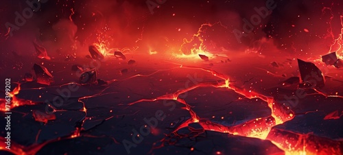 Volcanic eruption scene with fiery red glow and cracked earth. Dark plates and glowing fissures create a dramatic, intense illustration. photo