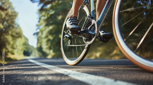 A close-up of a cyclist's legs and bike gears, emphasizing speed and endurance on a challenging road 