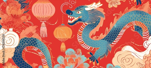Vibrant Chinese dragon and peony pattern with festive lanterns on red. Modern fusion of traditional Asian motifs in a playful, elegant design. photo
