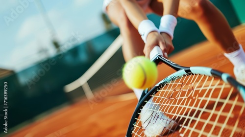 A close-up of a tennis player's intense focus as they hit a backhand, with the court and net in the background 