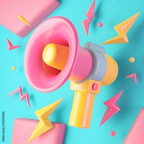 Colorful, playful megaphone illustration with pink and yellow lightning bolts on a bright turquoise background. Whimsical and fun with a plasticine texture.