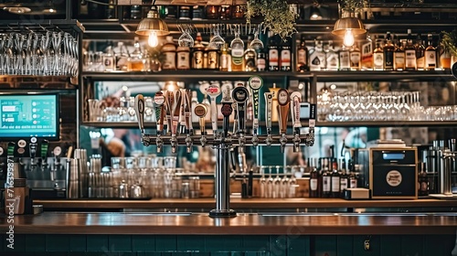 A cozy bar counter with a row of gleaming beer taps, inviting patrons to enjoy a refreshing brew.