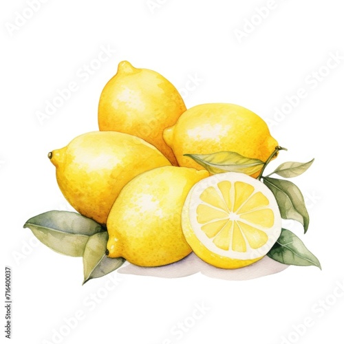 Lemons fruits and slice watercolor illustration on white background