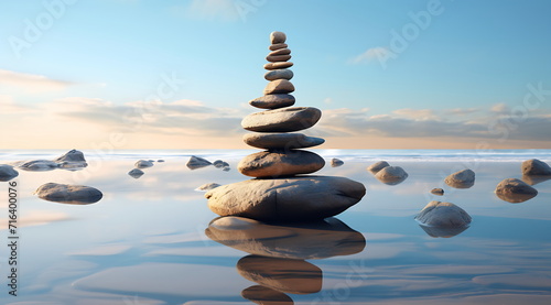 a rock stack on a beach, Generative AI