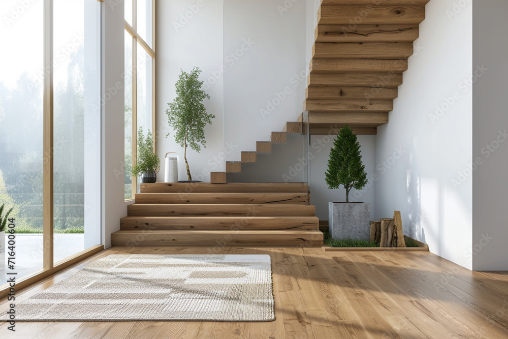 Incorporation of a wooden staircase within the modern entrance hall, showcasing Scandinavian rustic style interior design Incorporation of a wooden staircase within the modern entrance hall, showcasing Scandinavian rustic style interior design