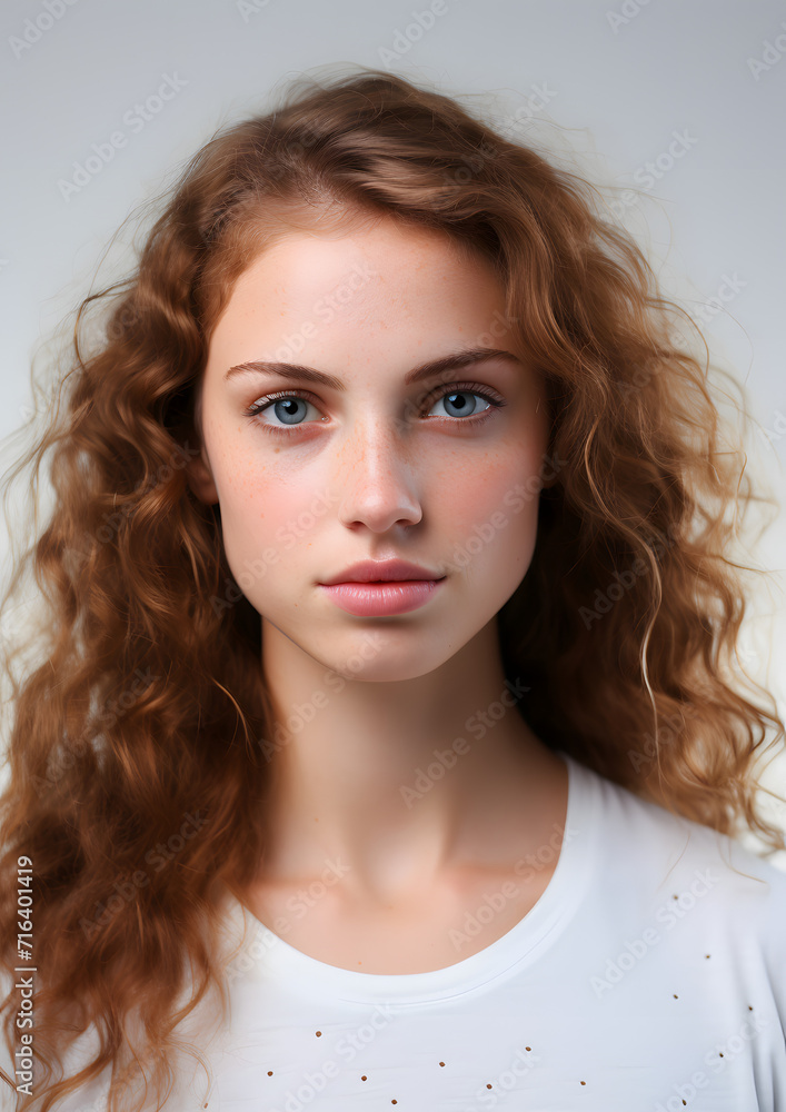 An attractive red-haired girl with freckles on her cheeks, on a white studio color, smooth beautiful skin