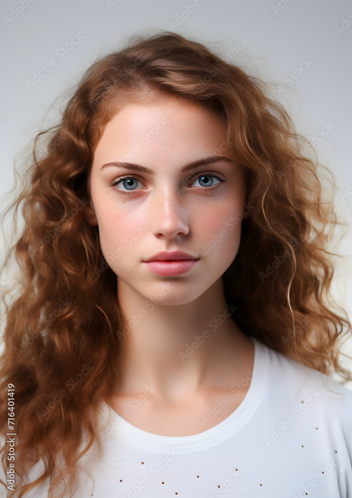 An attractive red-haired girl with freckles on her cheeks, on a white studio color, smooth beautiful skin An attractive red-haired girl with freckles on her cheeks, on a white studio color, smooth beautiful skin