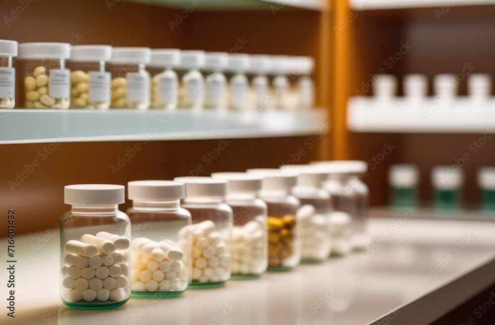 Glass jars with medicines, white tablets, capsules on glass surface on background of pharmacy shelves. Prescription drugs, antibiotics, vitamins, medicines. Health care concept. Blurred background.