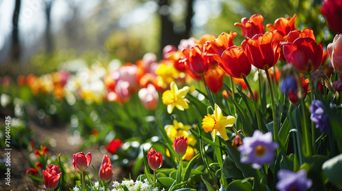 Springtime Easter garden scene with rows of blooming flowers © Robert Kneschke