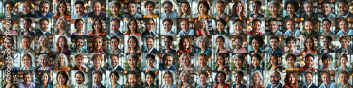 Panorama of business people portraited in front of similar workplaces