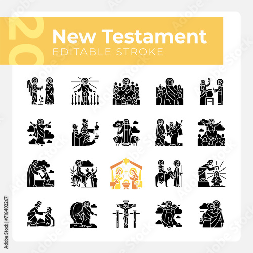 New testament black glyph icons set on white space. Life of Jesus Christ. Creed christian religion. Faith in God. Holy bible. Silhouette symbols. Solid pictogram pack. Vector isolated illustration