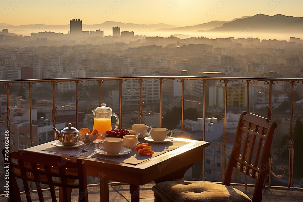 Delicious Breakfast with Beautiful Morning Sunrise Background