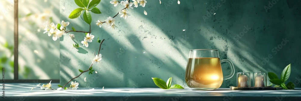 Cup Green Tea Mint Leaf Flowers, Banner Image For Website, Background, Desktop Wallpaper - obrazy, fototapety, plakaty 