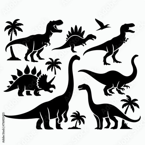 Vector silhouette set of dinosaurs with a simple and minimalist stencil design style