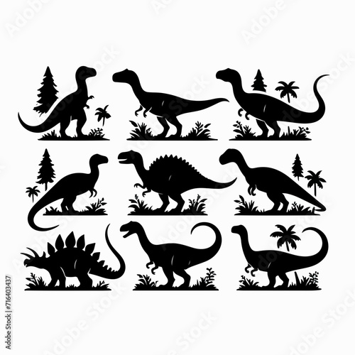 Vector silhouette set of dinosaurs with a simple and minimalist stencil design style