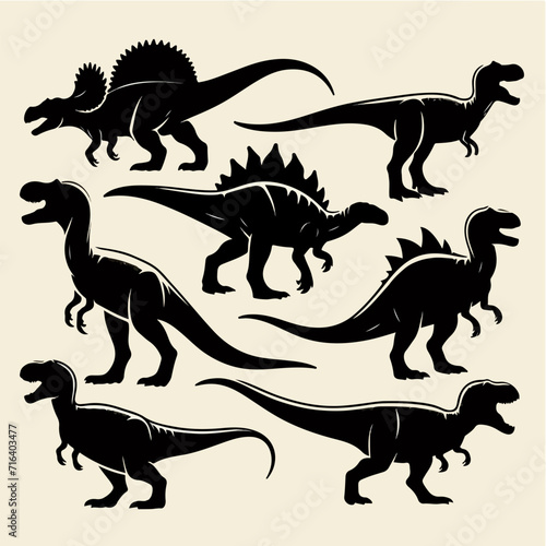 Vector silhouette set of dinosaurs with a simple and minimalist stencil design style