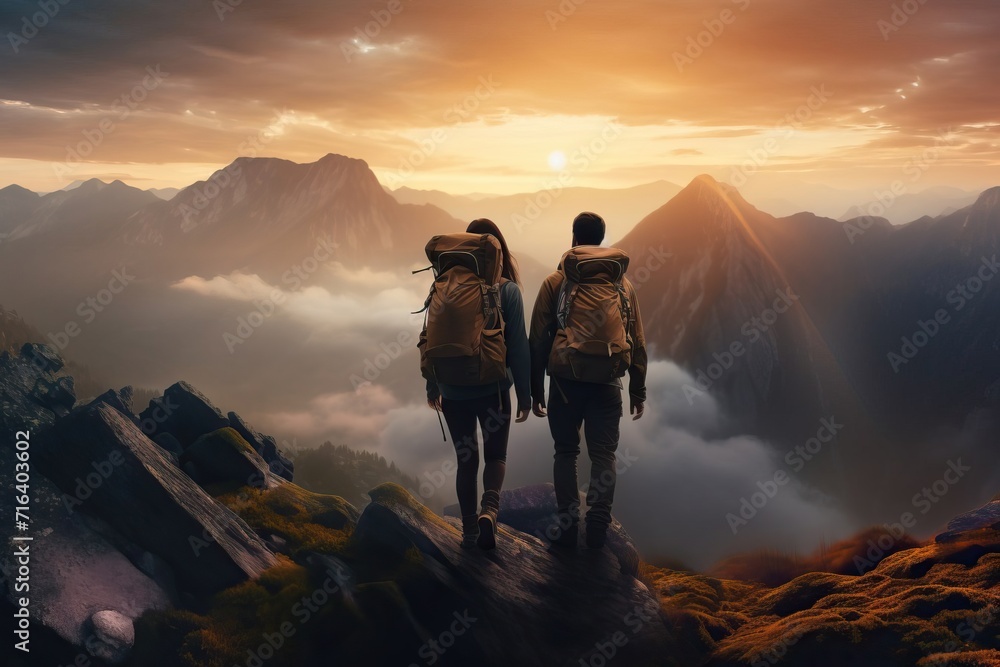 Hiking Couple with Backpacks Enjoying Mountain View at Dawn Hiking Couple with Backpacks Enjoying Mountain View at Dawn