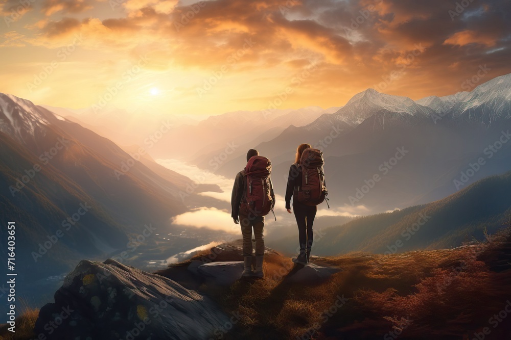 Hiking Couple with Backpacks Enjoying Mountain View at Dawn