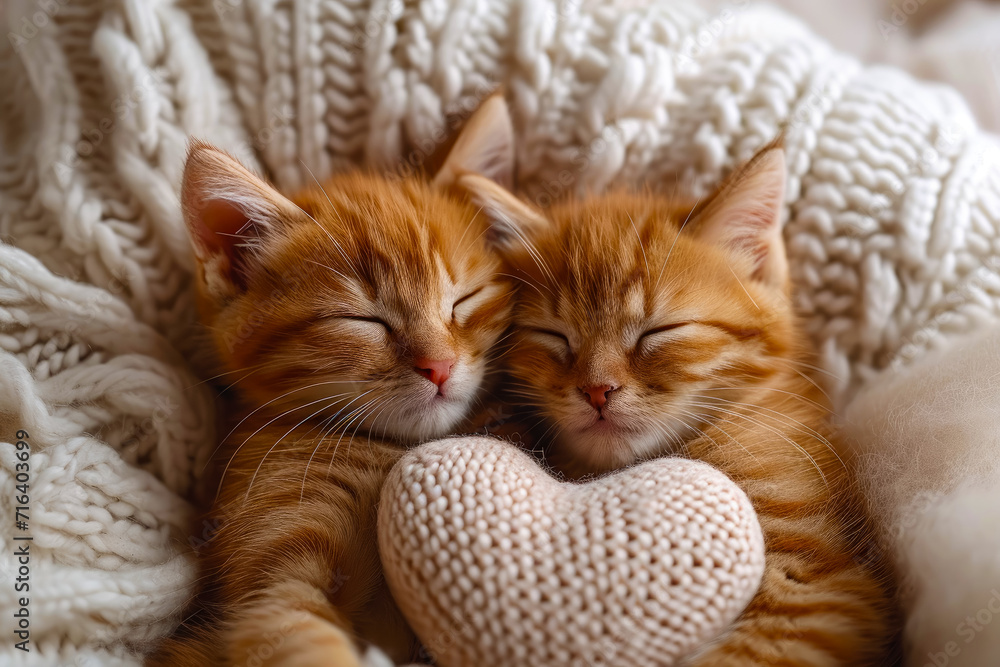 Two cute kitten sleeping on a plaid, heart-shaped soft pillow. Close-up. The concept of love, Valentine's Day. Two cute kitten sleeping on a plaid, heart-shaped soft pillow. Close-up. The concept of love, Valentine's Day.