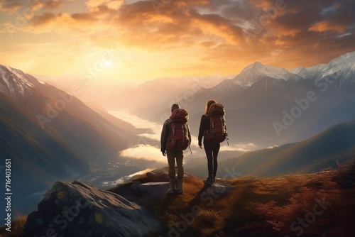 Hiking Couple with Backpacks Enjoying Mountain View at Dawn © Veronika