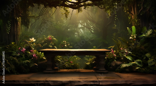 a table in the jungle with leaves growing around. Generative AI