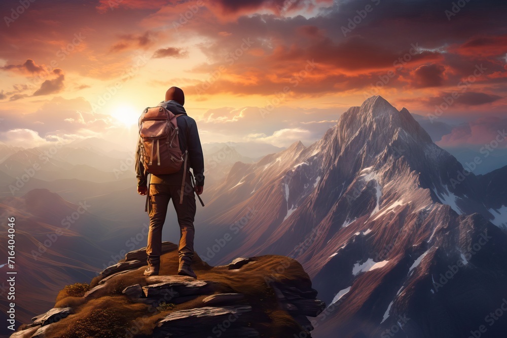 Adventurous Male Traveler Standing on a Mountain with a Backpack