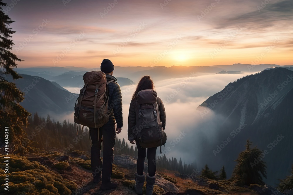 Hiking Couple with Backpacks Enjoying Mountain View at Dawn Hiking Couple with Backpacks Enjoying Mountain View at Dawn