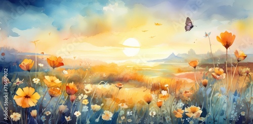 Serene Watercolor Sunrise over Flower Meadow with Fluttering Butterfly - Generative AI #716404012