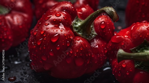 Fresh red paprika with water splashes and drops on black background