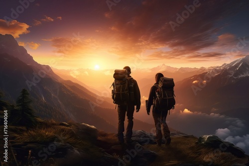 Hiking Couple with Backpacks Enjoying Mountain View at Dawn