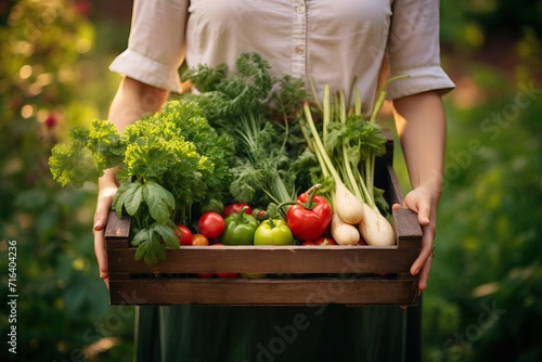Unrecognizable Woman's Hands Holding a Box of Vegetables in the Garden © Veronika