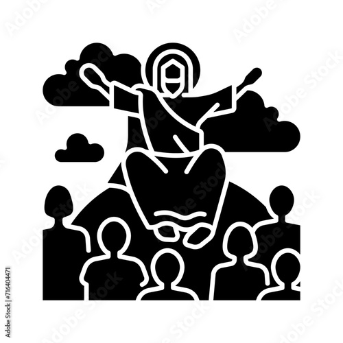 Sermon on mount black glyph icon. Jesus Christ and disciples. Moral teachings. New testament. Biblical scene. Silhouette symbol on white space. Solid pictogram. Vector isolated illustration
