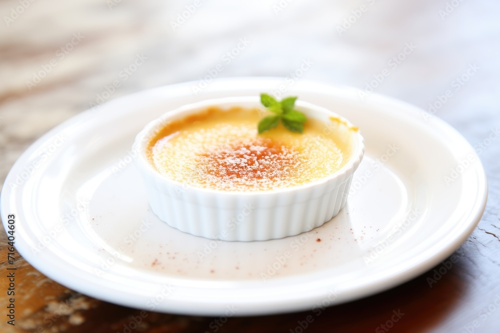 creme brulee with vanilla bean specs on white plate creme brulee with vanilla bean specs on white plate