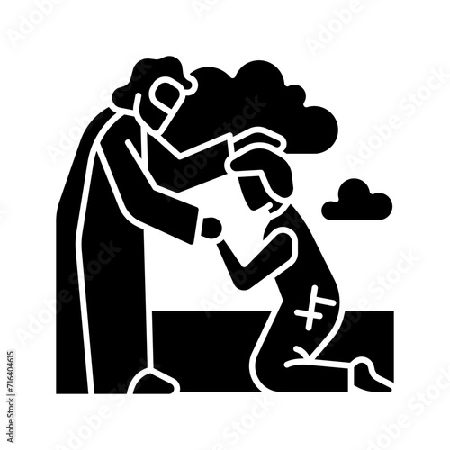 Prodigal son black glyph icon. Parable of Jesus Christ. Father forgives his son. Reconciliation of parent and child. Silhouette symbol on white space. Solid pictogram. Vector isolated illustration