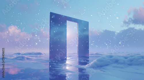 Oceanic Portal  Doorway Amidst Blue Sea and Floating Snowflakes