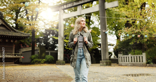 Billede på lærred Woman, nature and torii gate in Kyoto with wow, surprised and travel with spiritual history